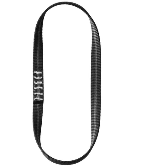 A side view of the Edelrid PES Sling 16mm showing the black webbing and white stitching against a white background.