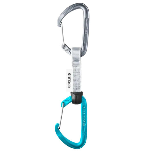 A front view of the Edelrid Pure Wire Set 10cm quickdraw with a charcoal carabiner and icemint wire gate carabiner against a white background.