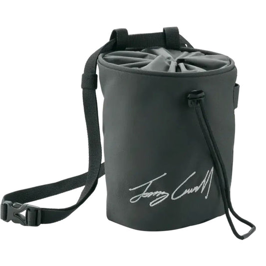 A black Edelrid Rodeo TC Signature Chalk Bag with a shoulder strap and drawstring closure, photographed from the front against a white background.