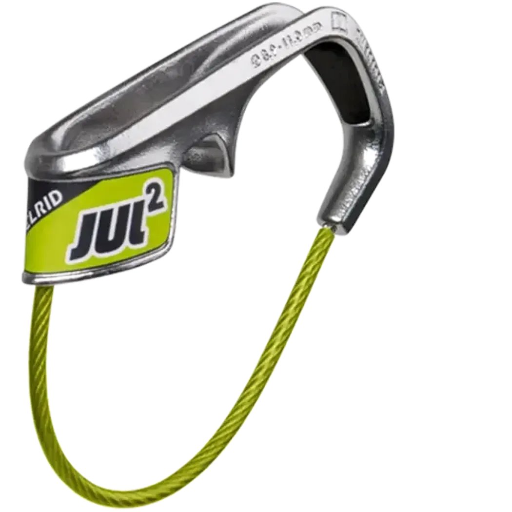 Side view of the Edelrid Skye Climbing Package with a green cable and silver metal carabiner against a white background.