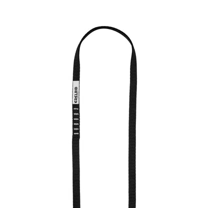 A black Edelrid Tech Web Sling 12mm II with a white label is shown against a white background.