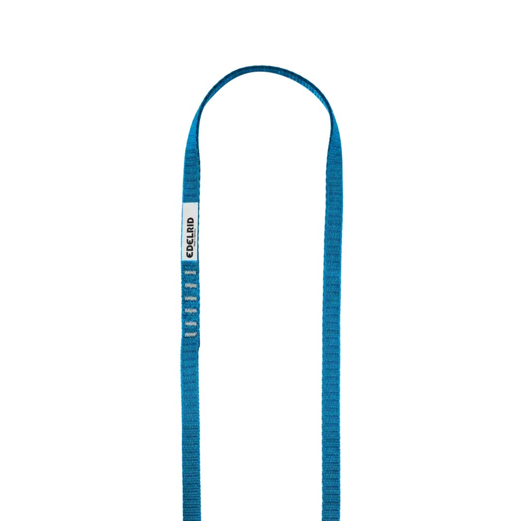 A blue Edelrid Tech Web Sling 12mm II with a white label is shown against a white background.