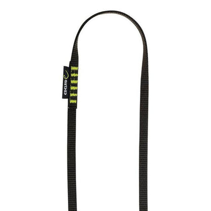 A black Edelrid Tech Web Sling 12mm with a green and black tag, shown against a white background.