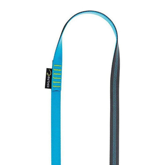 A side view of the Edelrid Tubular Sling 16mm in Slate/Icemint showing the webbing and a tag against a white background.