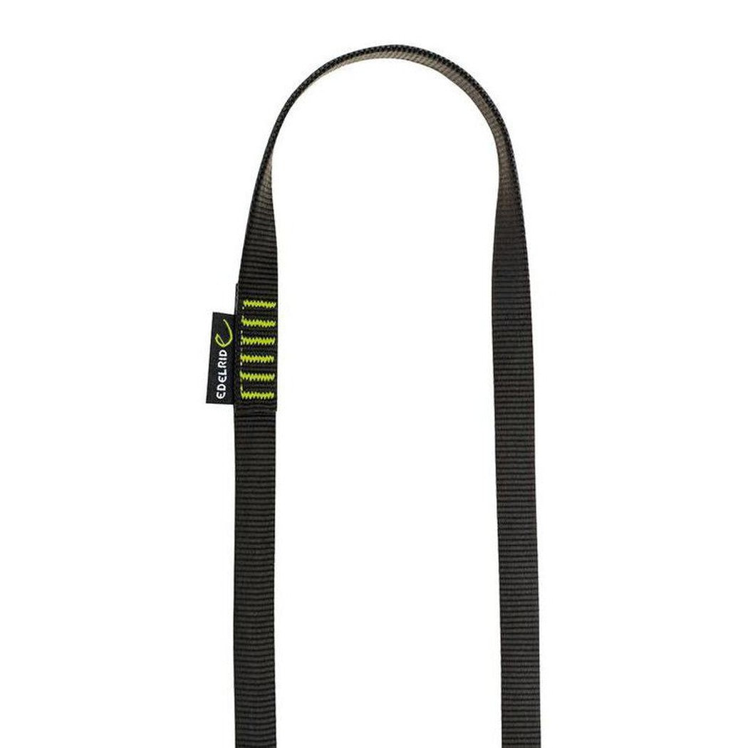 A side view of the Edelrid Tubular Sling 16mm in Slate/Icemint showing the webbing and a tag against a white background.