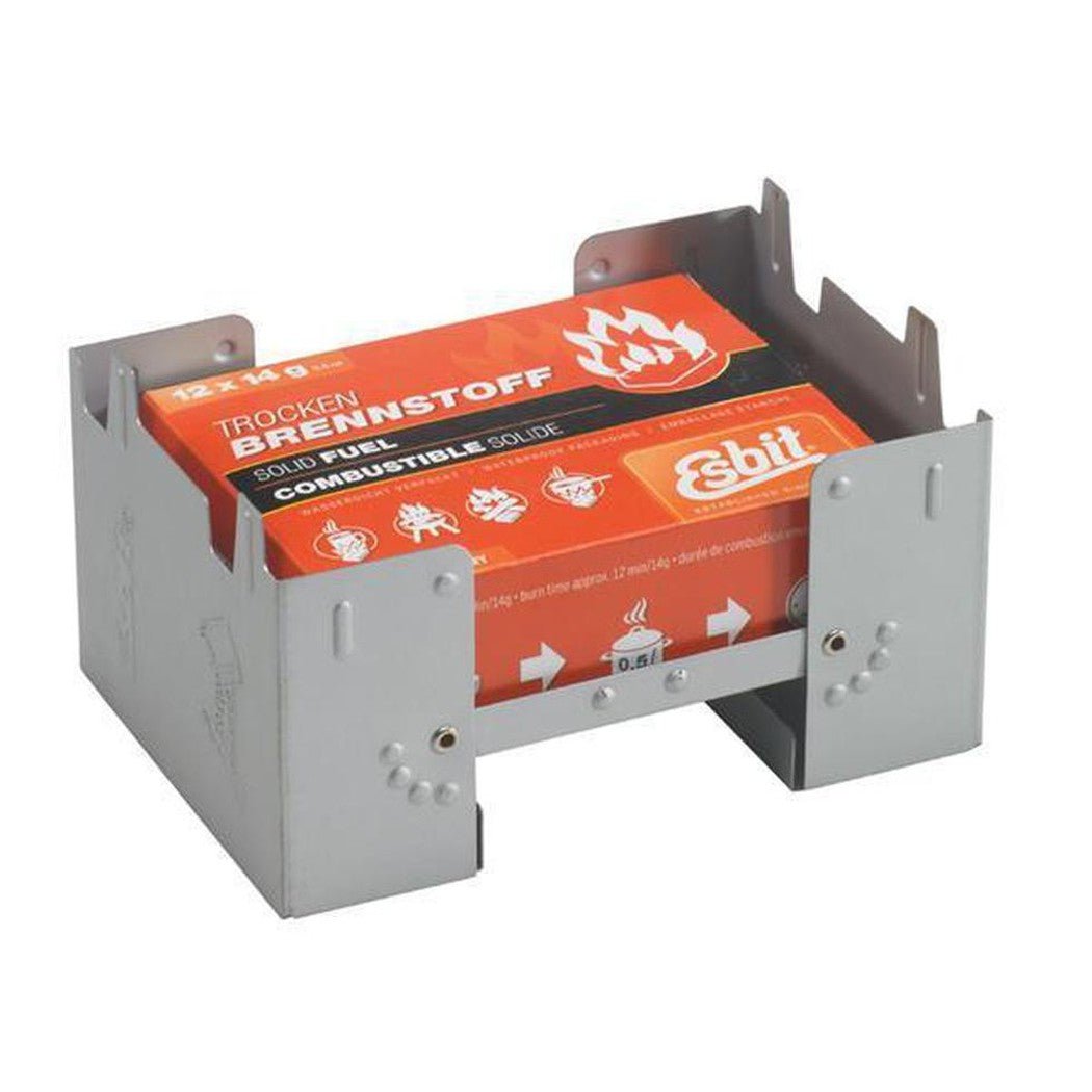 A front view of the Esbit Large Pocket Stove holding a box of solid fuel against a white background.