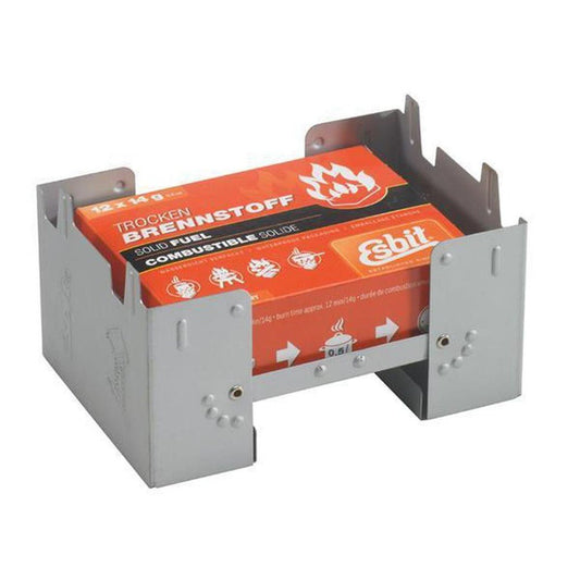 A front view of the Esbit Large Pocket Stove holding a box of solid fuel against a white background.