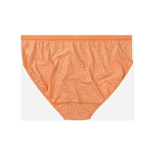 A front view of the Exofficio Women's Give-N-Go 2.0 Bikini Brief in Bellini Mosaic with a leaf pattern and orange waistband, laid flat on a white background.