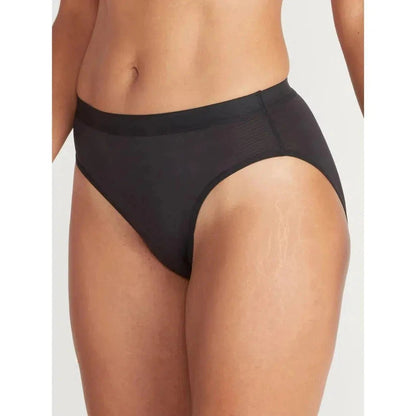 A front view of the Exofficio Women's Give-N-Go Sport 2.0 Bikini Brief in Black on a model against a plain white background.