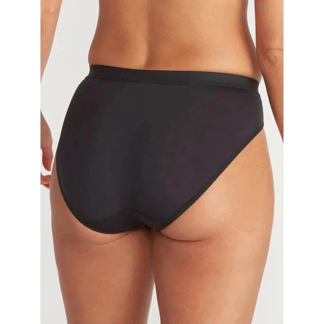 Back view of the Exofficio Women's Give-N-Go Sport 2.0 Bikini Brief in Black showing the low-rise cut against a plain white background.