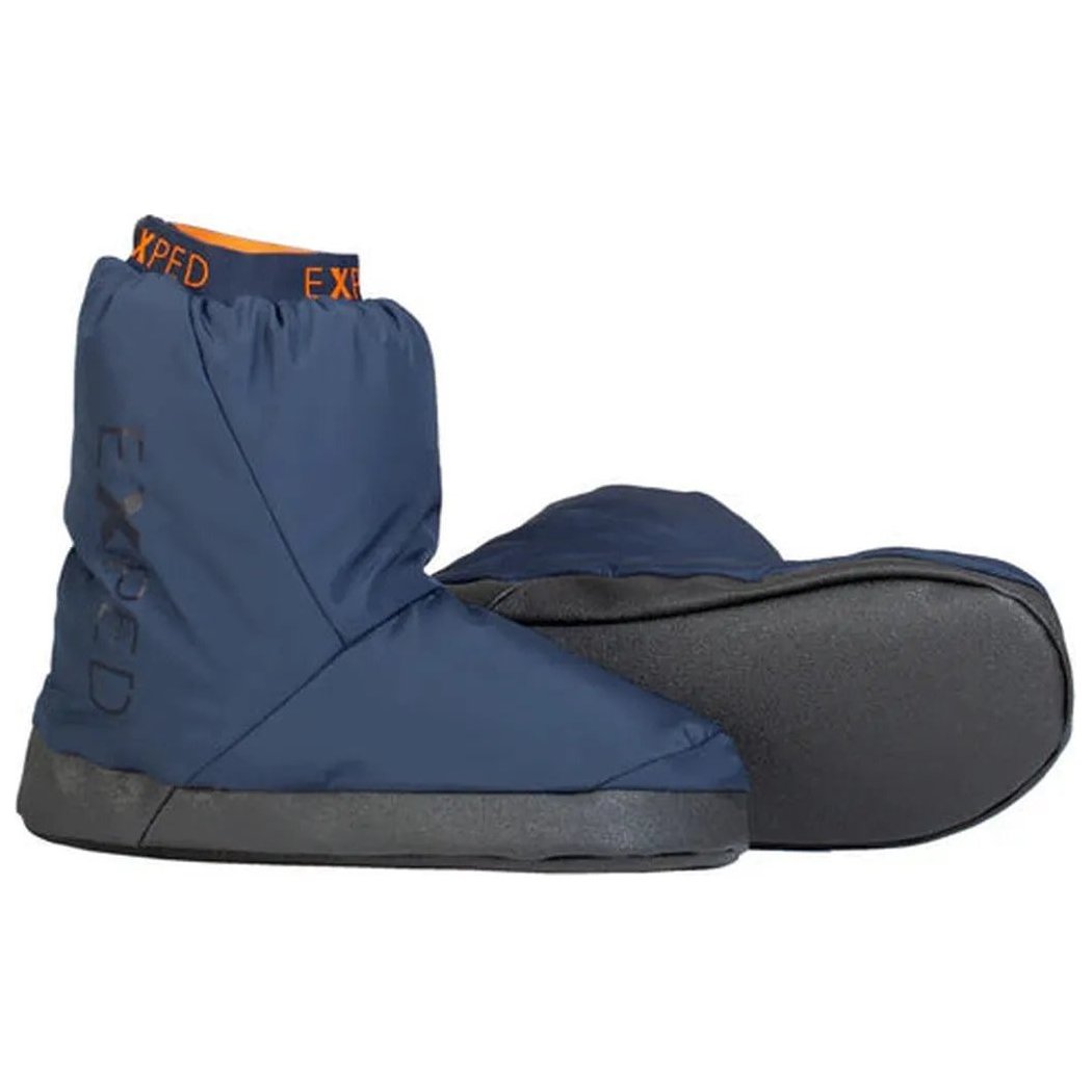 Side view of the Burgundy Exped Camp Booty showing the elastic cuff and black rubber sole against a white background.
