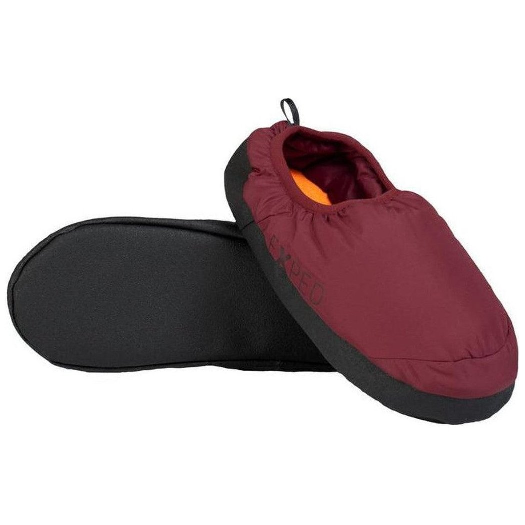A burgundy Exped Camp Slipper with black soles is shown from a side angle against a white background.