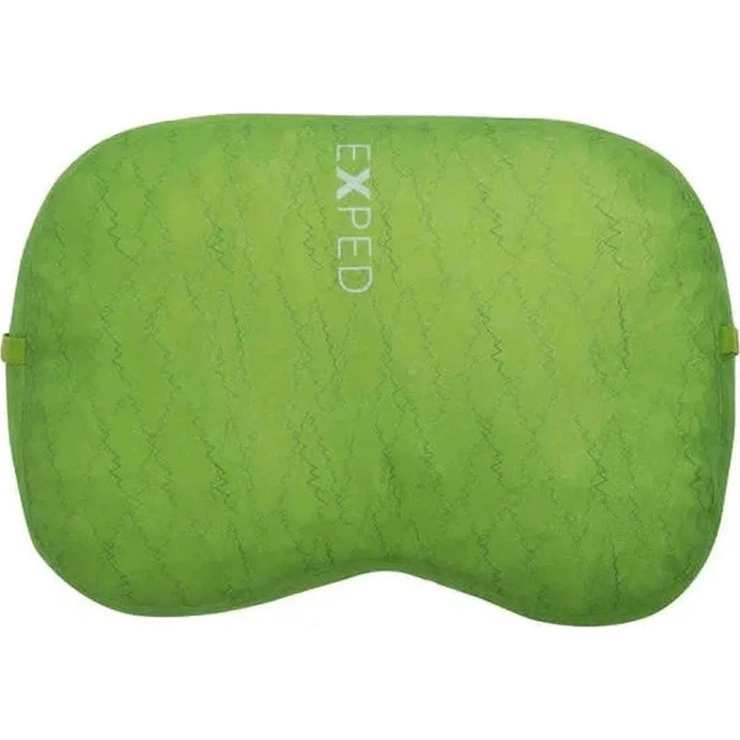 A green Exped DeepSleep Pillow M with a wavy pattern is shown from a top-down angle against a white background.