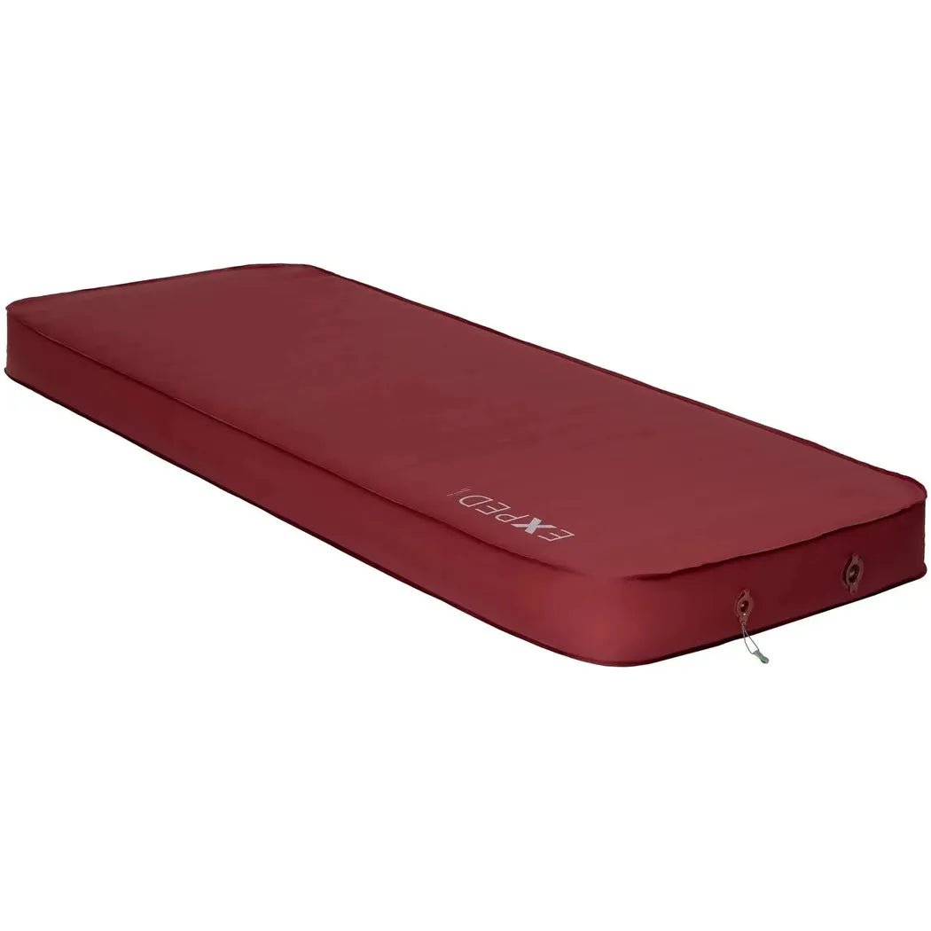 Side view of the Burgundy Exped MegaMat Max LXW showing the brand name and valve on a white background.