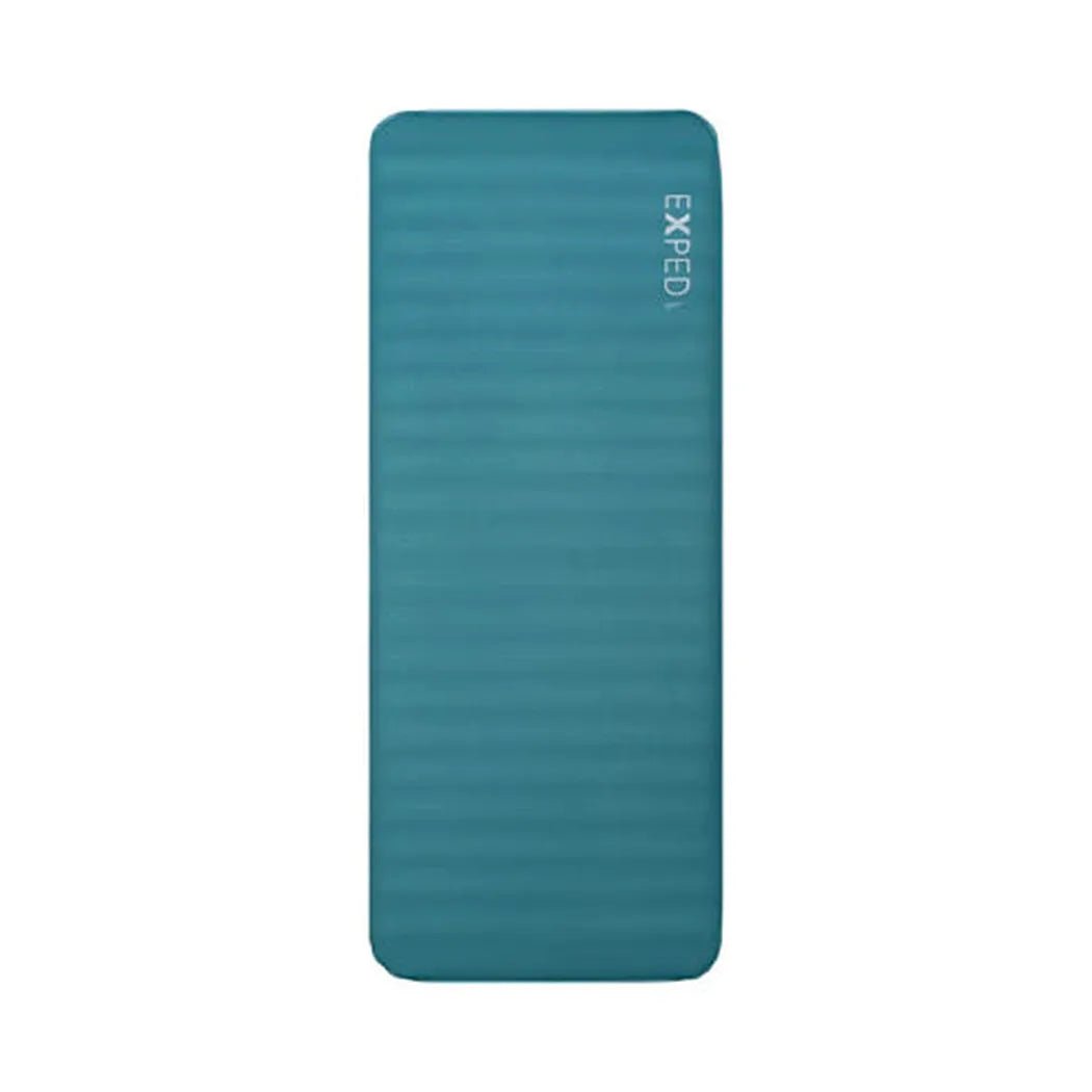 Side view of the teal Exped MegaMat showing the brand name on the top right against a white background.