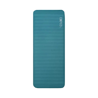 Side view of the teal Exped MegaMat showing the brand name on the top right against a white background.