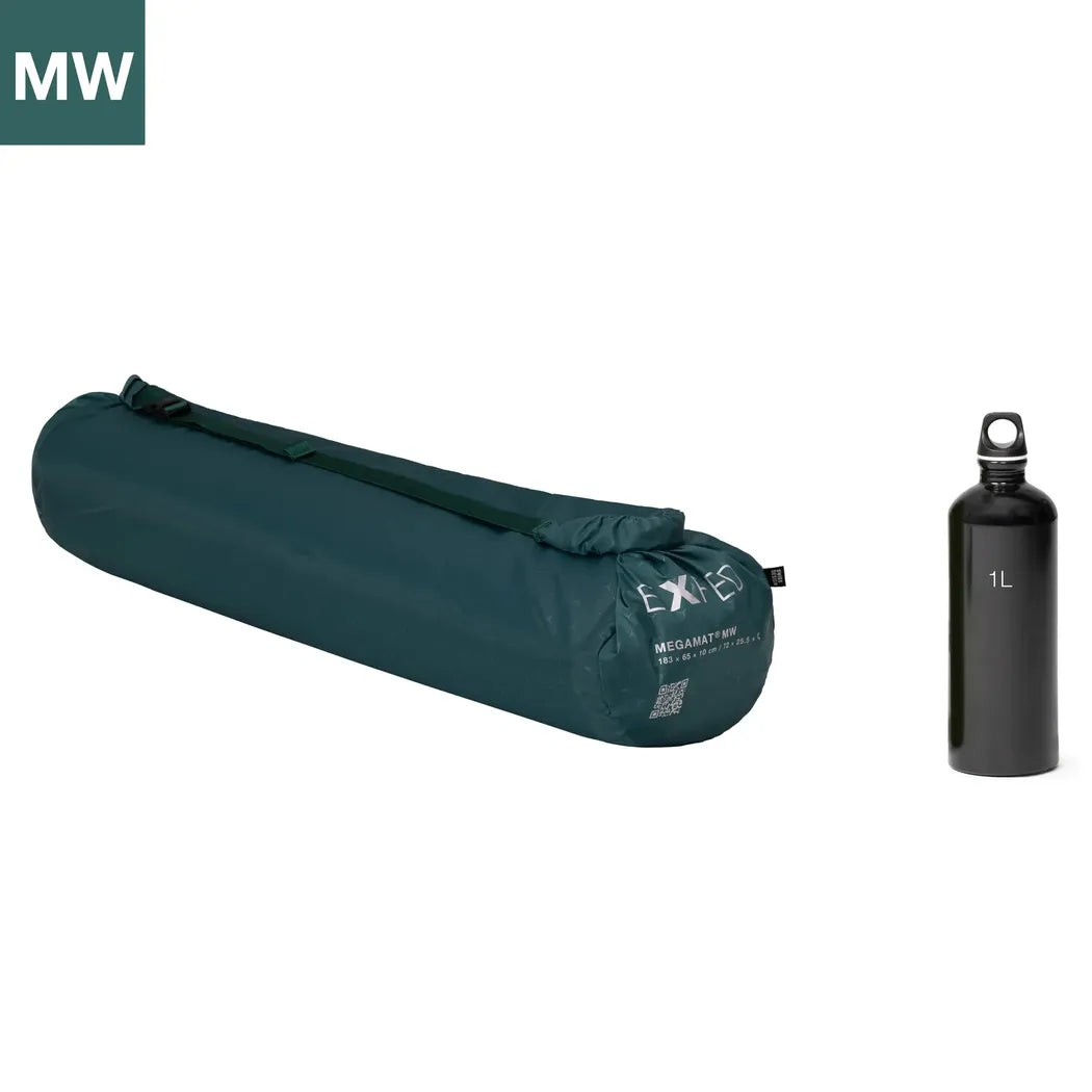 Side view of the Exped MegaMat MW sleeping pad with a 1L water bottle on a white background.