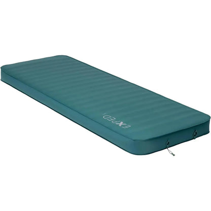 Side view of the teal Exped MegaMat showing the brand name and inflation valve against a white background.