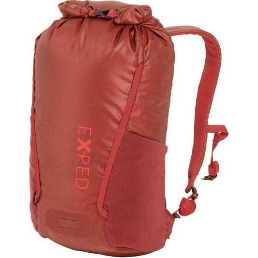 A front view of the black Exped Typhoon backpack with a drawstring top and side pocket against a white background.
