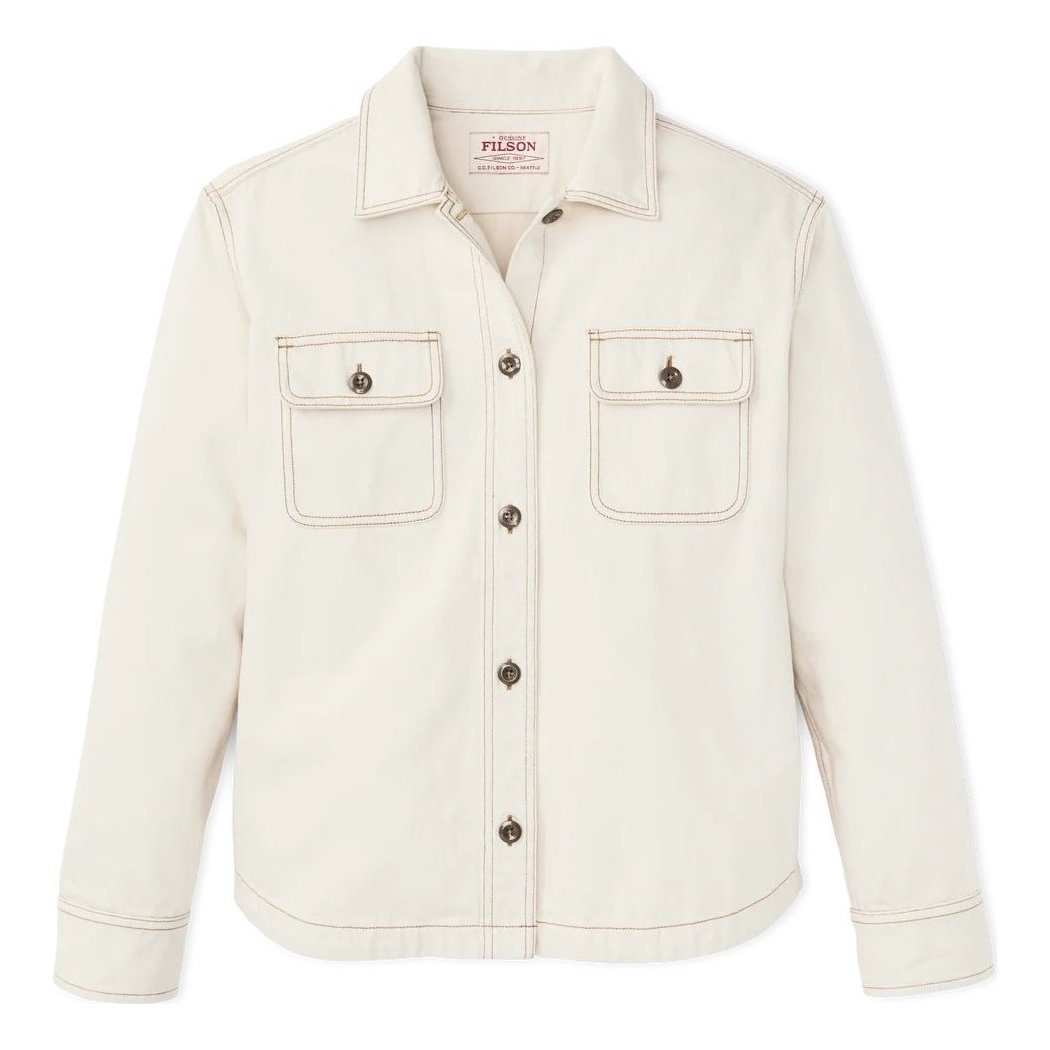 A front view of the Filson Womens Denim Shirt in Natural Seed showing the chest pockets and button closure against a white background.
