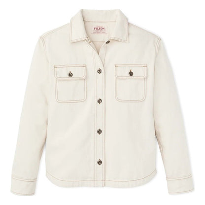 A front view of the Filson Womens Denim Shirt in Natural Seed showing the chest pockets and button closure against a white background.