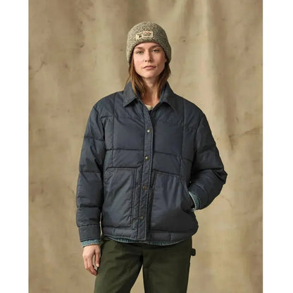 A model wearing the Filson W's Heritage Cotton Down Jacket in Bluefin stands against a neutral background.