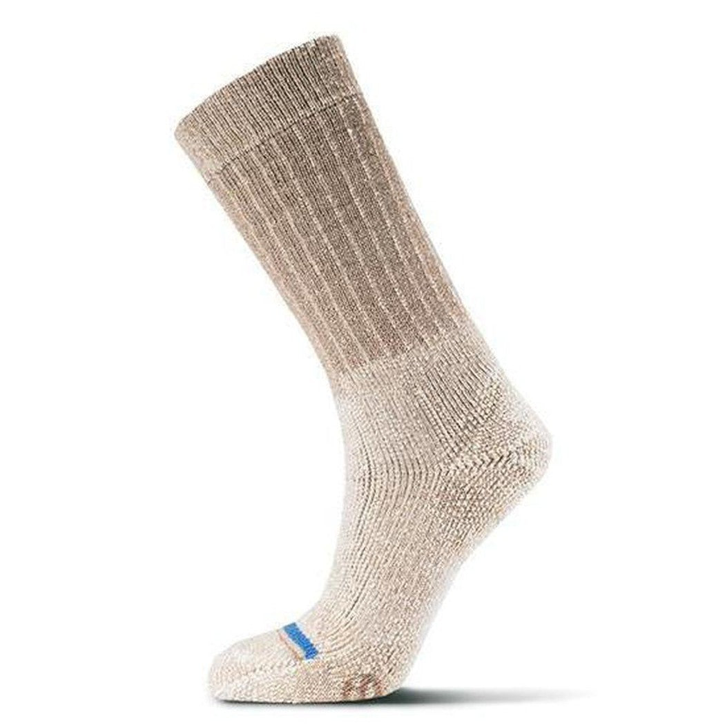 Side view of the FITS Heavy Expedition Boot Light Brown sock with a blue toe tab against a white background.