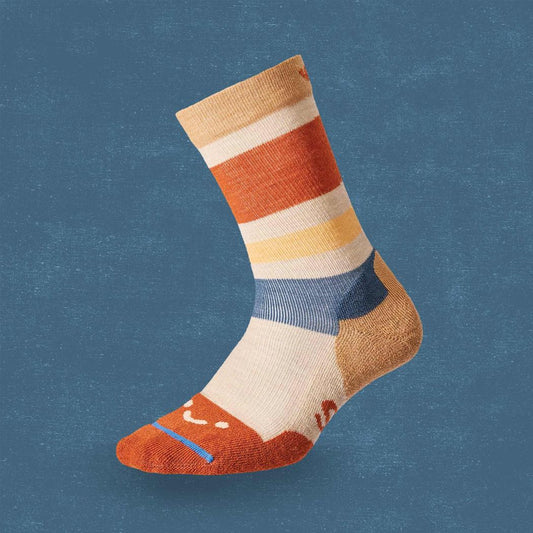 A side view of the FITS Light Cushion - Hermiston socks in Stone showing the colorful stripes and toe design against a blue background.