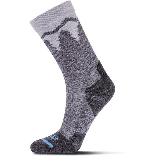 Side view of the FITS Light Hiker Crew Coal socks showing the mountain graphic and reinforced heel against a white background.