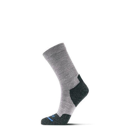 Side view of the FITS Light Hiker Crew socks in Brown with charcoal heel and toe, against a white background.