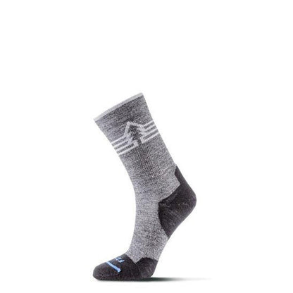 Side view of the FITS Light Hiker (Gifford) Crew socks in Coal color with a mountain logo on the gray upper and black heel and toe against a white background.