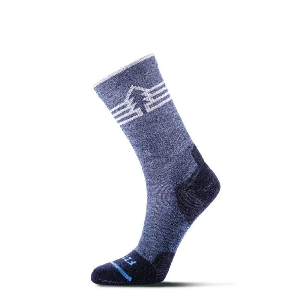 Side view of the FITS Light Hiker (Gifford) Crew socks in Coal color with a white background.