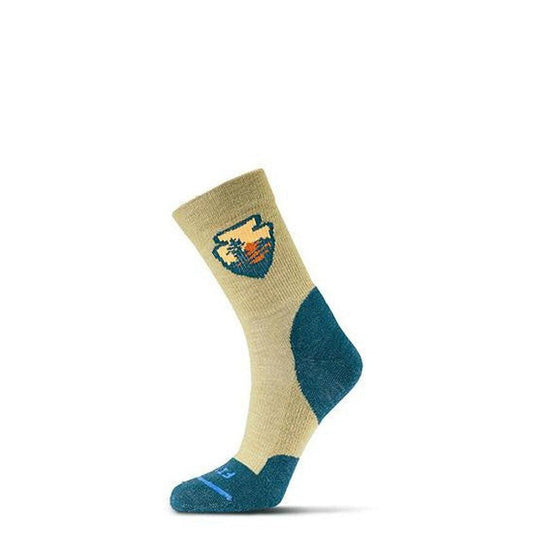 Side view of the FITS Light Hiker Mini Crew brown socks showing the logo and blue heel and toe against a white background.