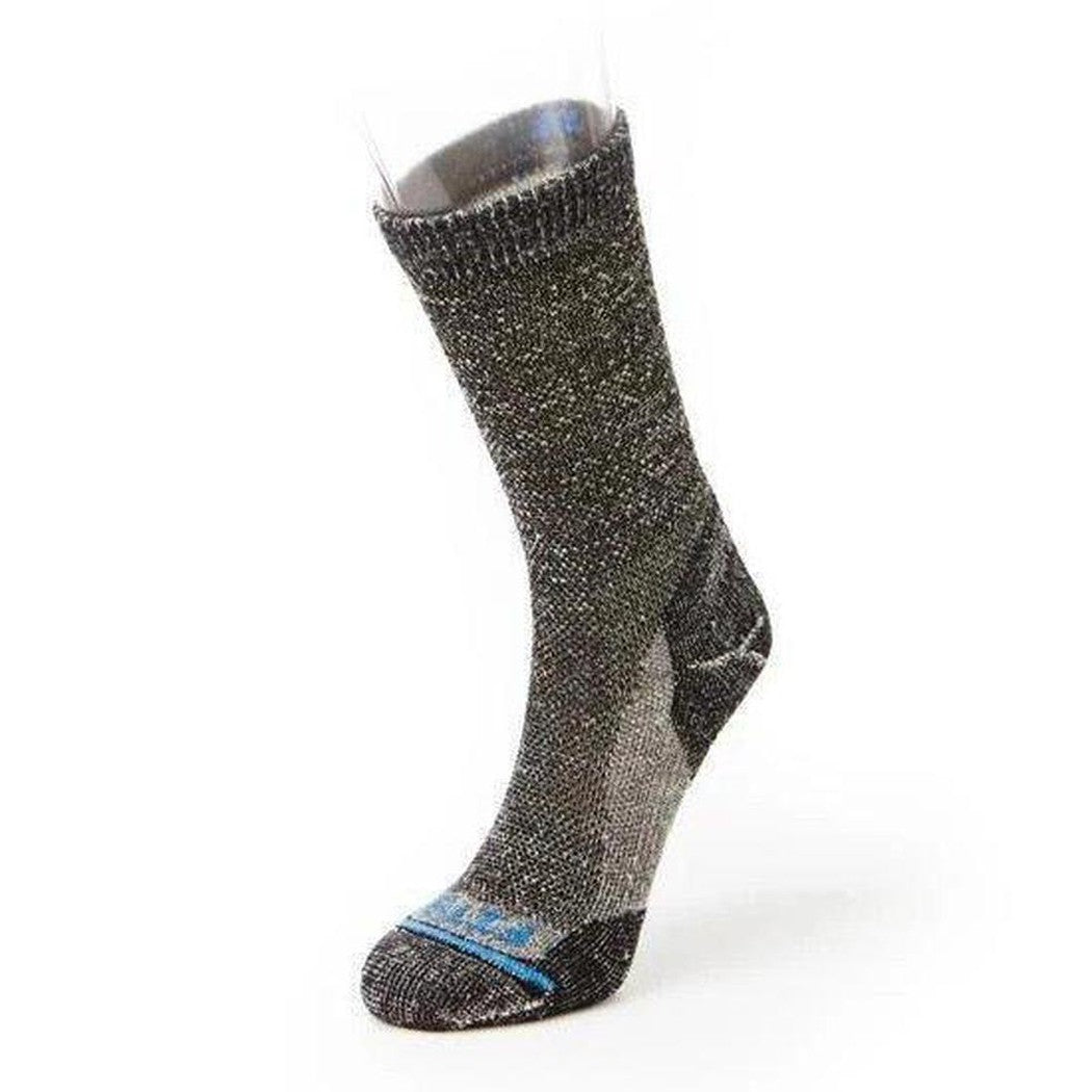 A side view of the FITS Light Rugged Crew socks in Coal color, showing the blue toe and heel reinforcement against a white background.