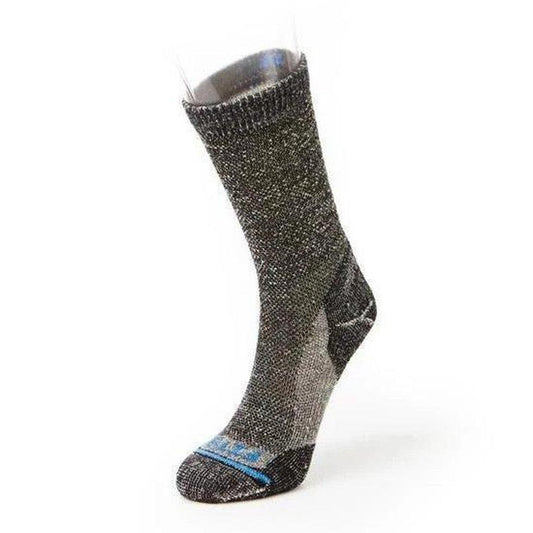 A side view of the FITS Light Rugged Crew socks in Coal color, showing the blue toe and heel reinforcement against a white background.