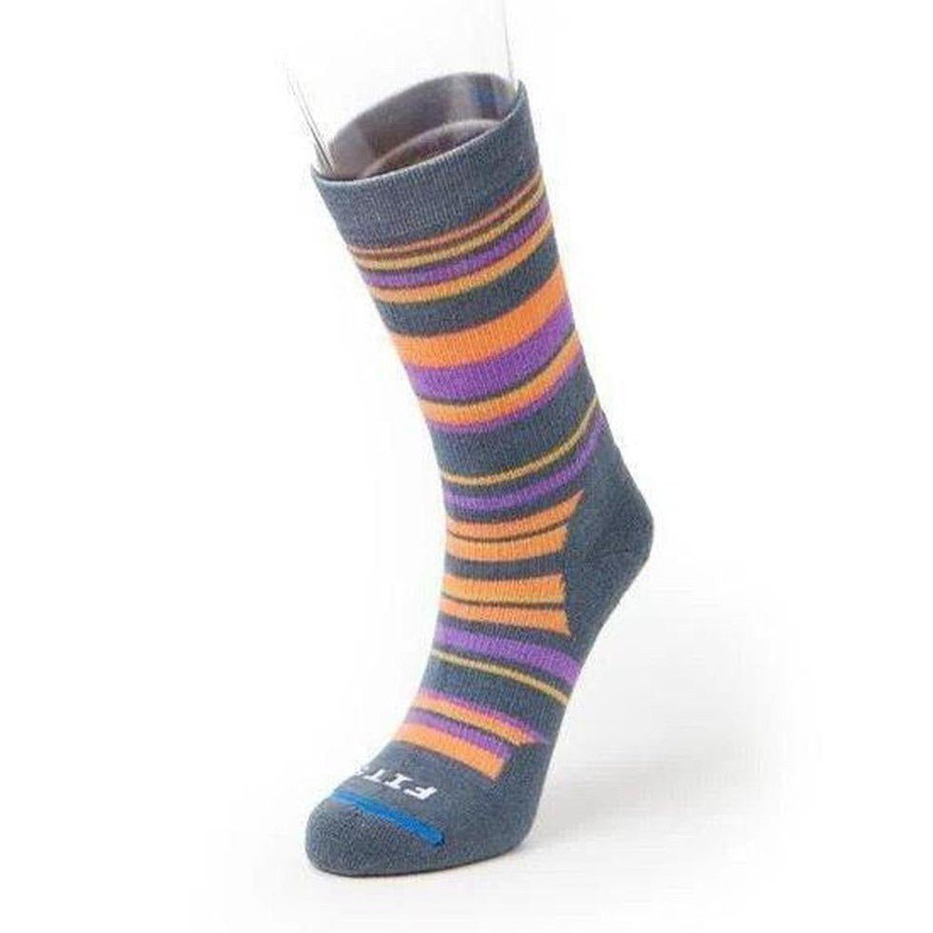 A side view of the FITS Women's Medium Hiker Crew sock in Stormy Weather/Cadmium Orange against a white background.
