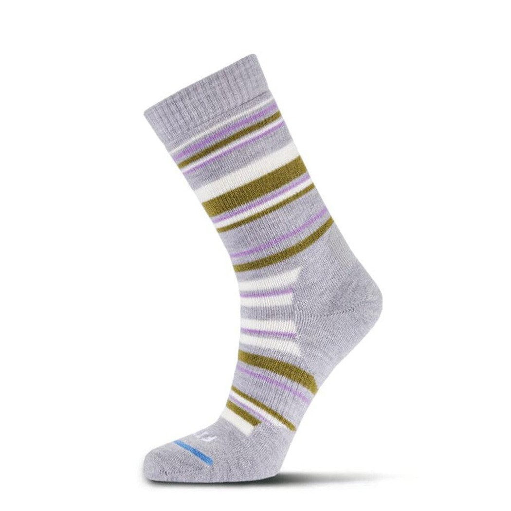 Side view of the FITS Women's Medium Hiker Crew sock showing the striped pattern against a white background.