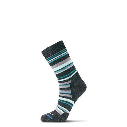 Side view of the FITS Women's Medium Hiker Crew sock in Stormy Weather/Cadmium Orange with striped pattern against a white background.