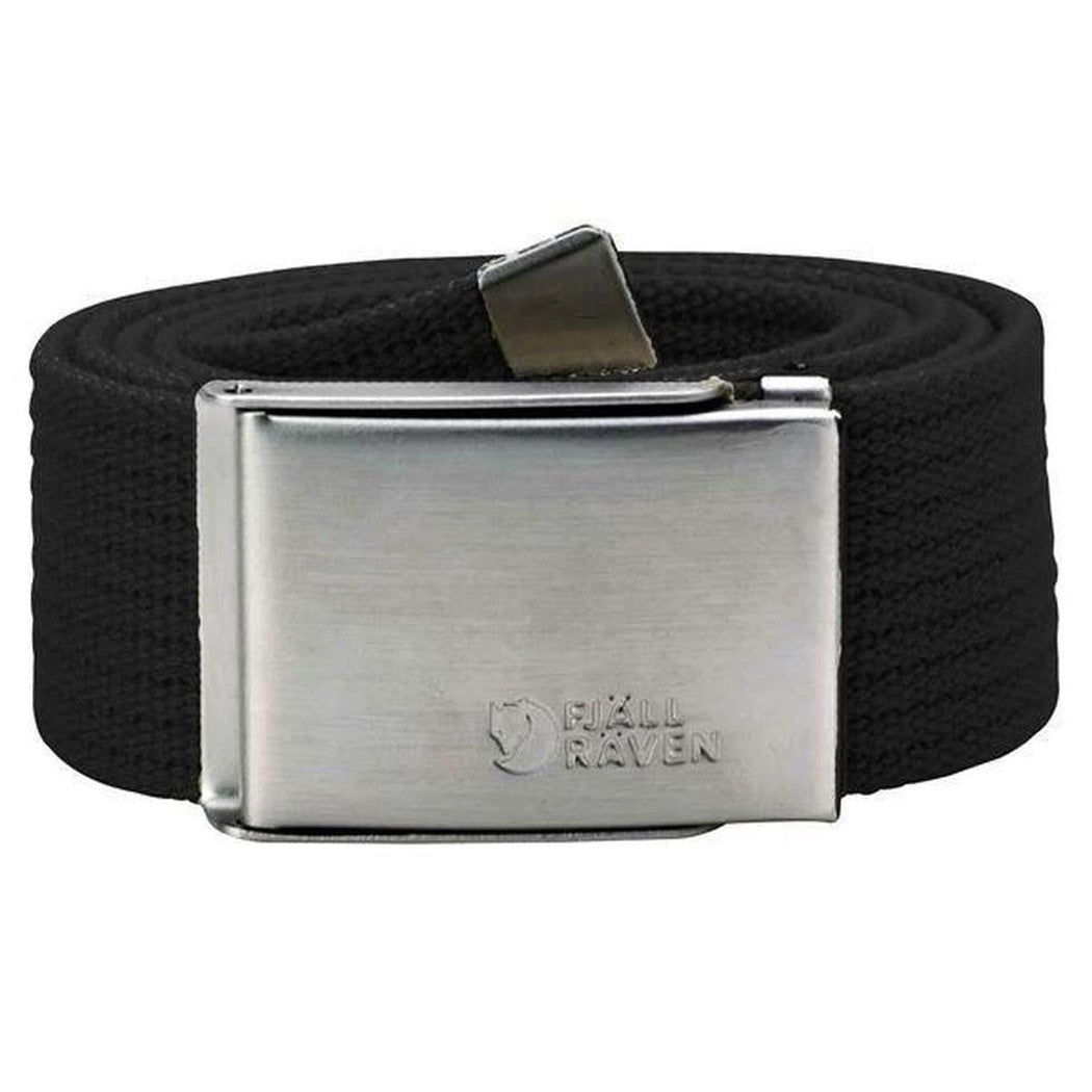 A black Fjallraven Canvas Belt with a metal buckle, shown from the front against a white background.