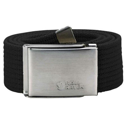 A black Fjallraven Canvas Belt with a metal buckle, shown from the front against a white background.