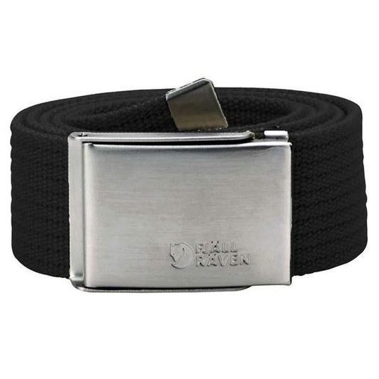 A black Fjallraven Canvas Belt with a metal buckle, shown from the front against a white background.