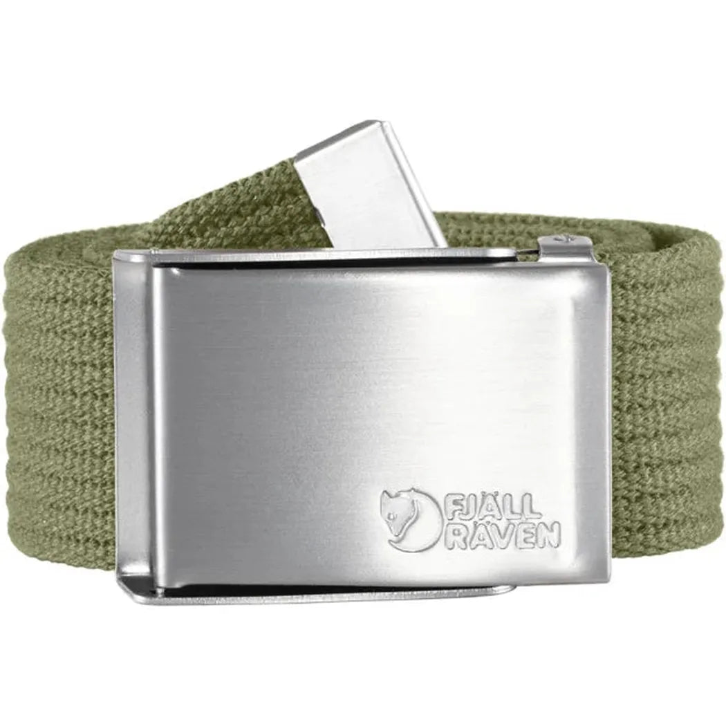 A front view of the Fjallraven Canvas Belt in Black with a metal buckle and a white background.