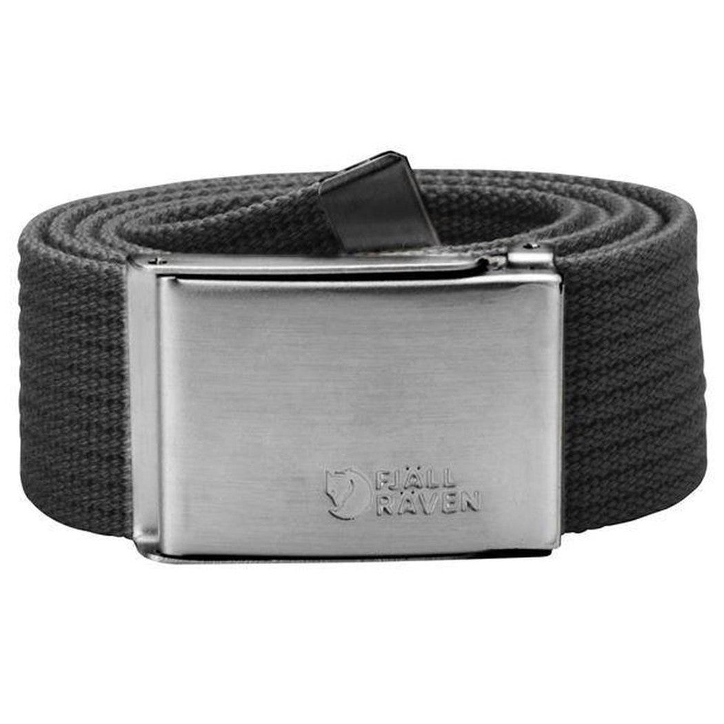 A charcoal Fjallraven Canvas Belt with a metal buckle, shown in a front view against a white background.