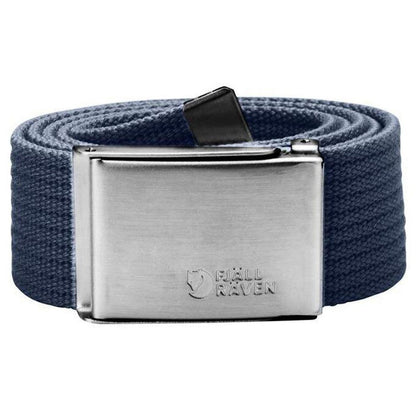 A front view of the Fjallraven Canvas Belt in Black with a metal buckle and a white background.