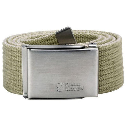 A front view of the Fjallraven Canvas Belt in Black with a metal buckle against a white background.