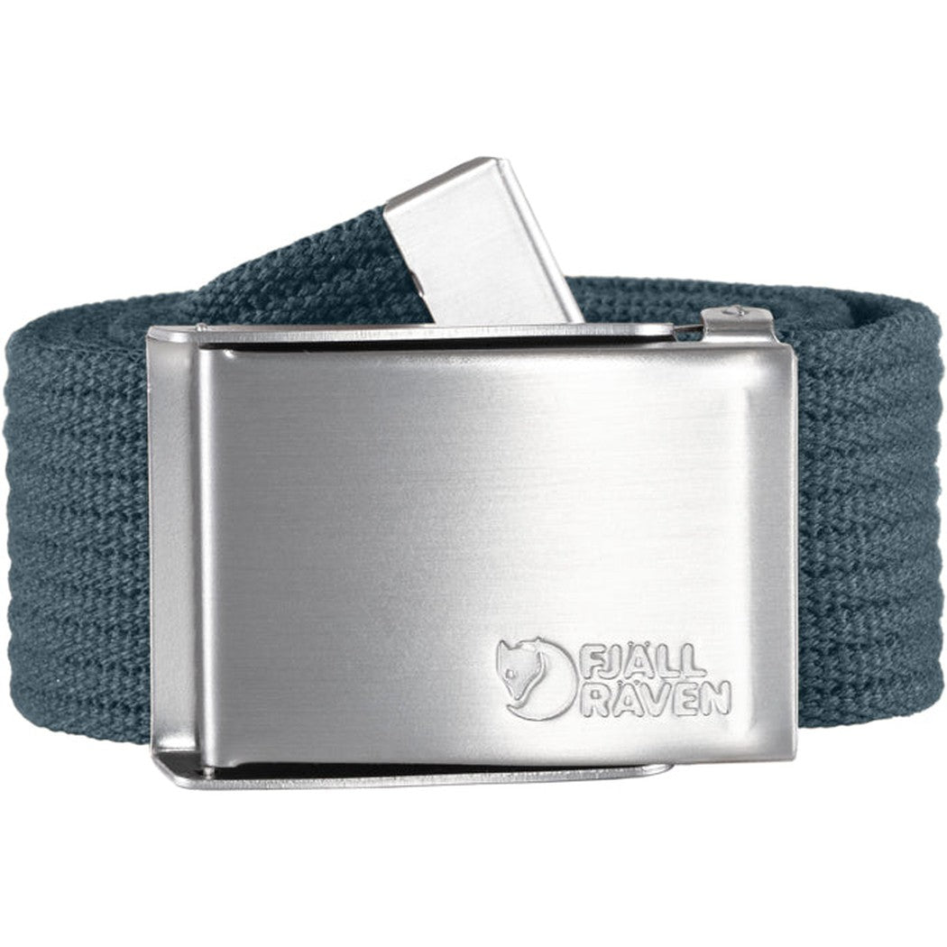 Side view of the Fjallraven Canvas Belt in Black showing the metal buckle and textured fabric against a white background.
