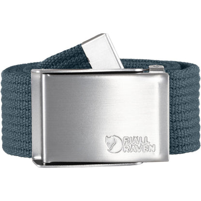 Side view of the Fjallraven Canvas Belt in Black showing the metal buckle and textured fabric against a white background.