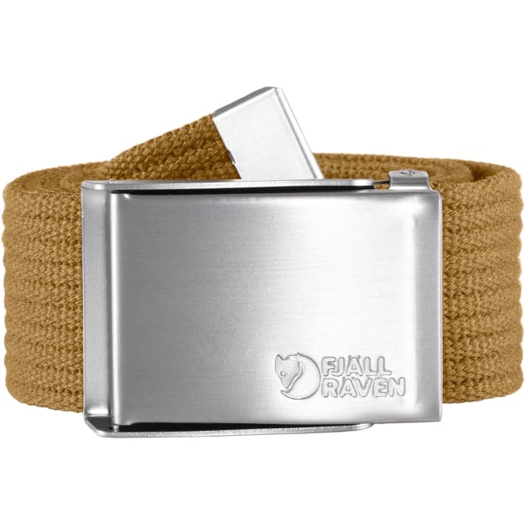 A front view of the Fjallraven Canvas Belt in Black with a silver buckle against a white background.