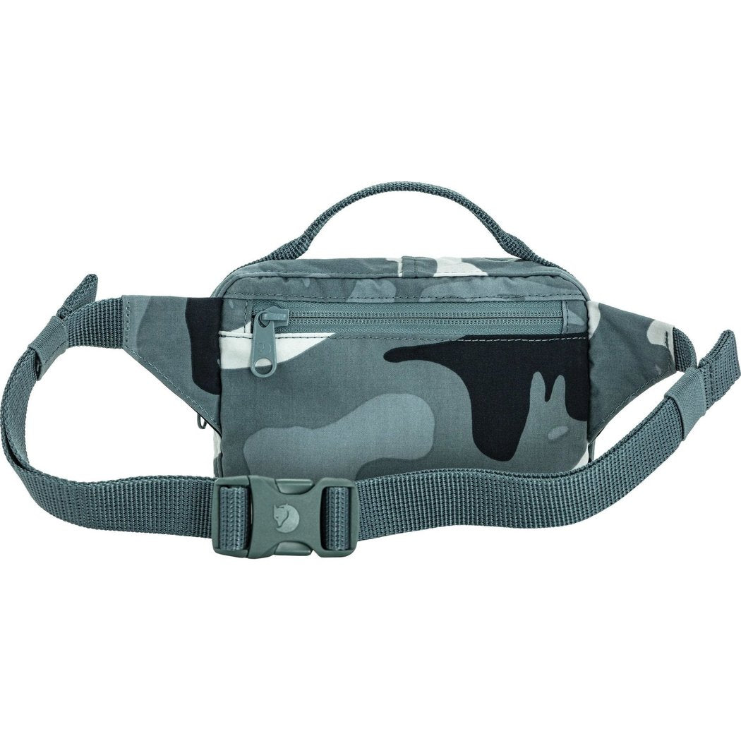 A front view of the Fjallraven Kanken Graphics Hip Pack in Chalk Rose-Hidden Animals with a zippered pocket and adjustable strap against a white background.