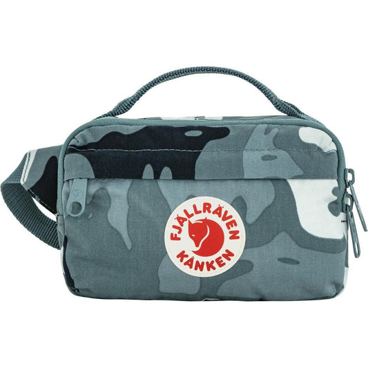 A front view of the Fjallraven Kanken Graphics Hip Pack in Chalk Rose-Hidden Animals with a camouflage pattern and a red logo, against a white background.